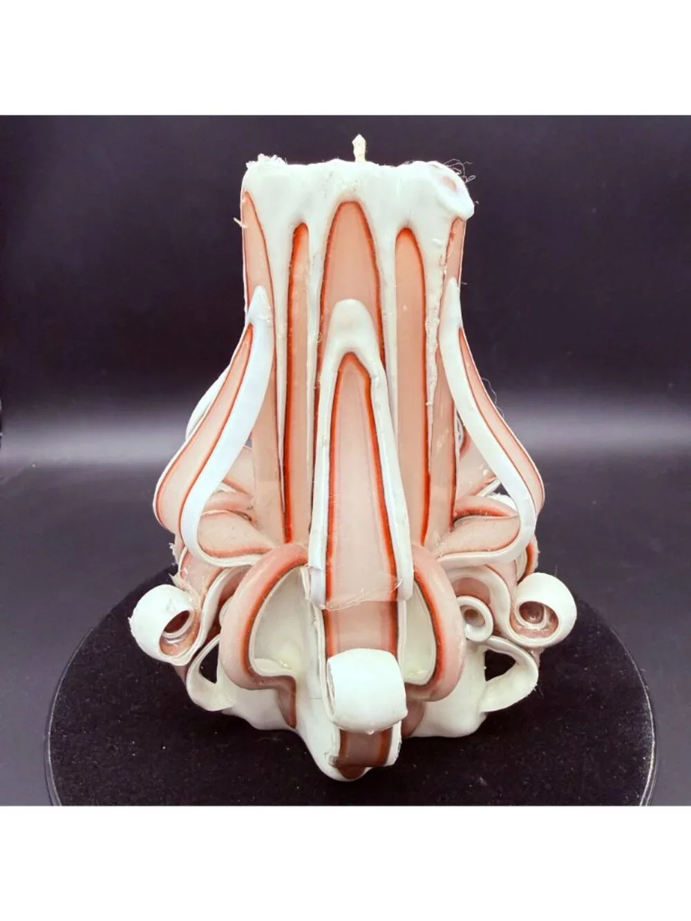 Vintage 1970s Hand Carved Ribbon Wax Candle Peach & White Dip-Dipped Pillar 6